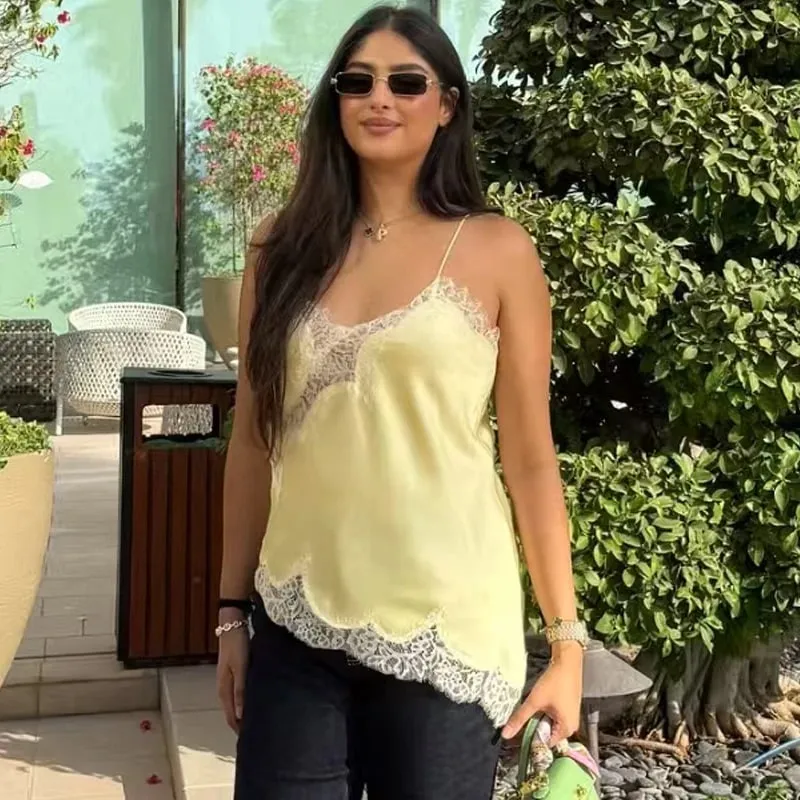 2025 Woman Asymmetrical Slip Top Women Sexy Black Yellow Blue Top Lace Tanks & Camis Chic Y2K Sleeveless Backless Camisole