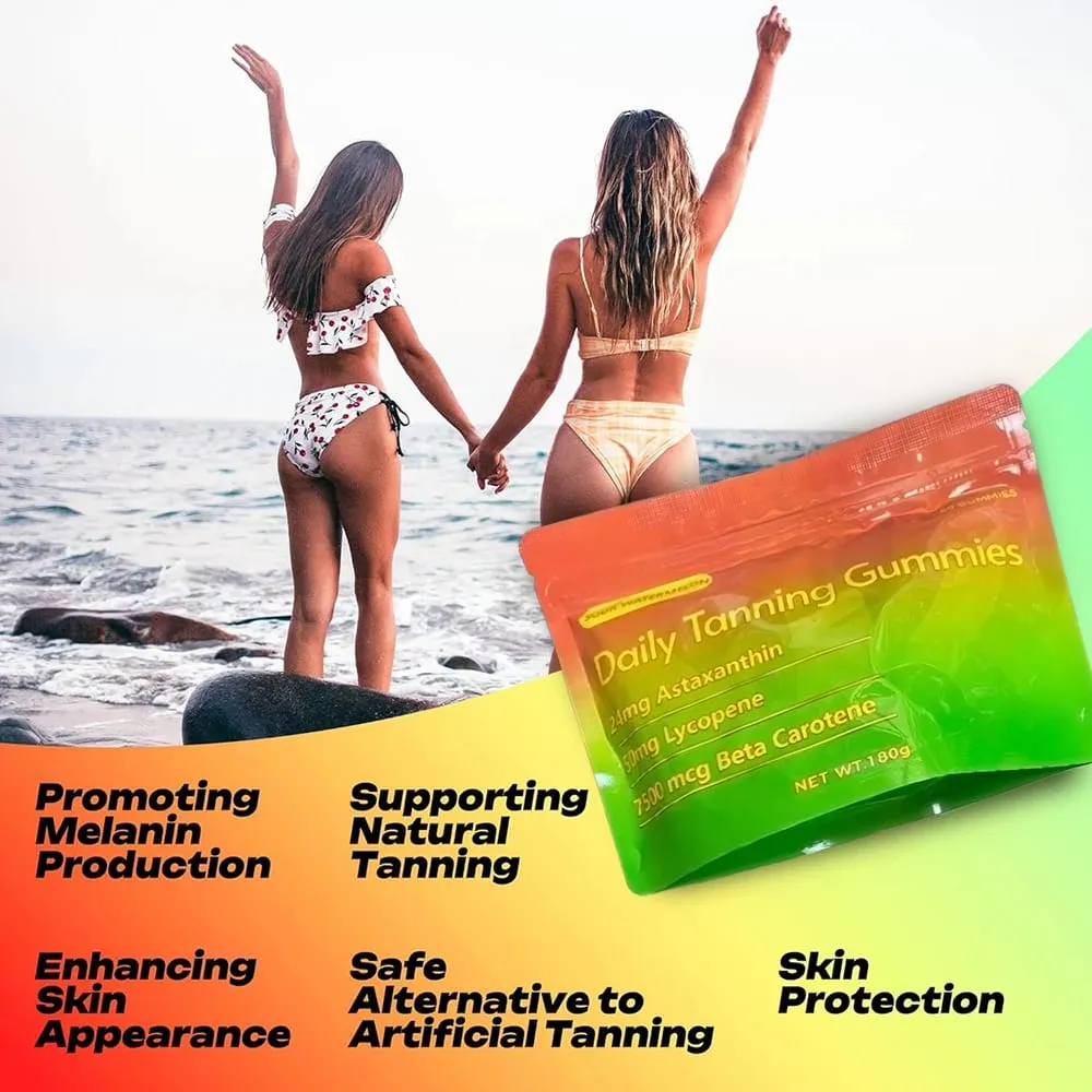 Tanning Gummies - Natural Tanning Supplement with Astaxanthin Lycopene & Beta Carotene - Boost Melanin for Radiant Skin & Glow