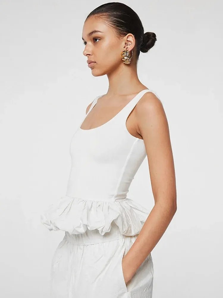 Square Neck Tank Tops For Women Sleeveless Backless Crop Top With Peplum Bubble Hem Summer Top Black White