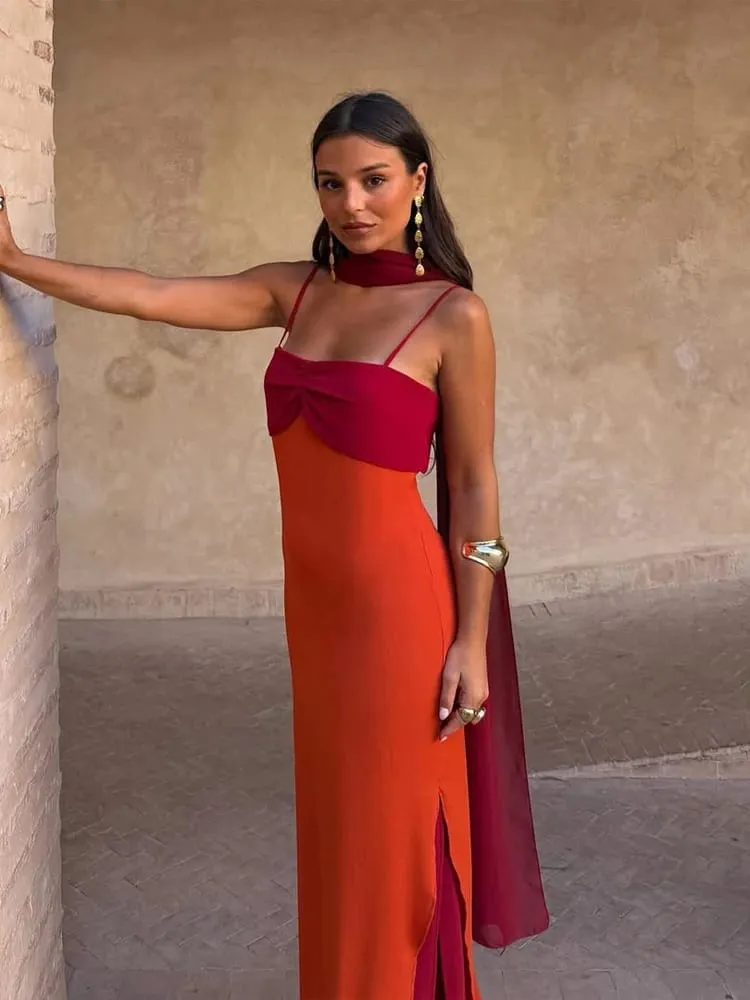 Sexy Color Blocking Scarf Collar Sling Dress Women Chic Waist Cinching Split Bodycon Maxi Dresses 2026 Lady Club Party Vestido