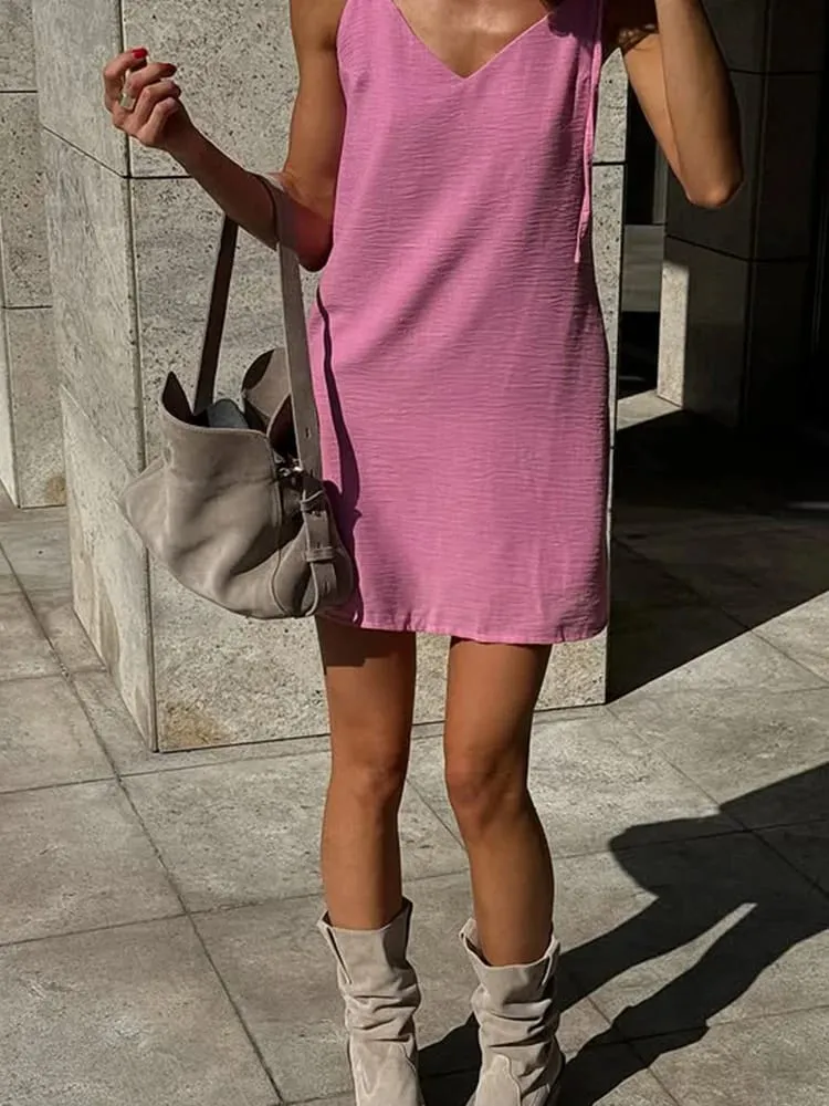 Ahagaga Fashion Women's Dresses Solid Straps Bandage Regular Causal V-Neck Sleeveless Summer Camisole Loose Sweet Femlae Vestido