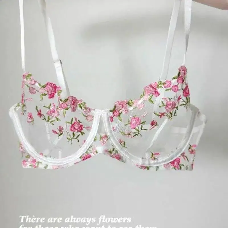 European Women Alluring Sheer Lace Embroidery Underwire Bra Big Bust Support Minimize Anti‑Sagging Soft Lingerie S‑XL Bra Set