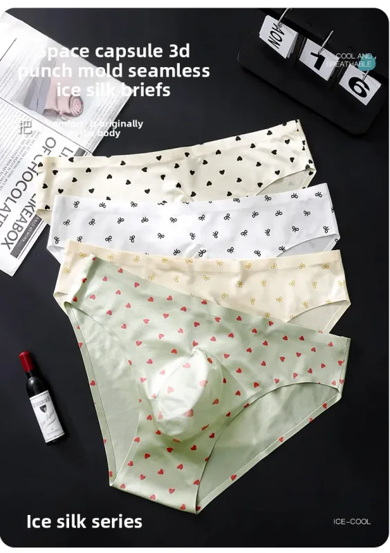 Male Seamless Ice Silk Briefs Cute Heart Bowknot Print 3D Molded Pouch Low Rise Soft Breathable Men Underpants