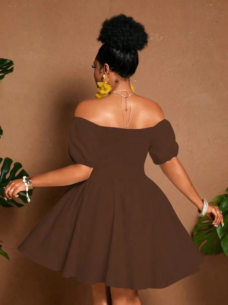 Plus Size Women One-Shoulder Waist-Tie Bubble Sleeve Dress Summer Vacation Style Casual Short Dress Plain Pattern