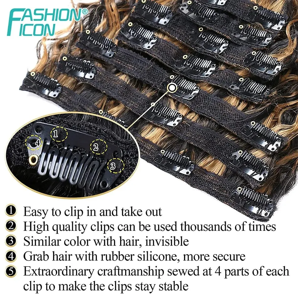 24 Inch Deep Wave Clip In Hair Extensions Synthetic Ombre 7Pc/140g Full Head Curly Hairpieces Heat Resistant Fake Hair for Women