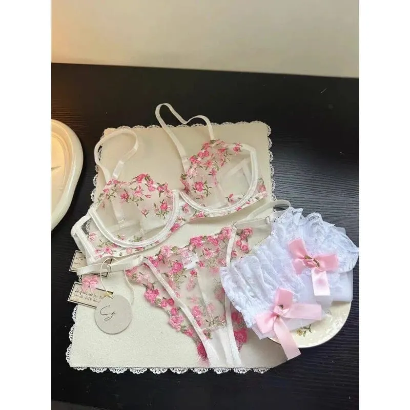 European Women Alluring Sheer Lace Embroidery Underwire Bra Big Bust Support Minimize Anti‑Sagging Soft Lingerie S‑XL Bra Set