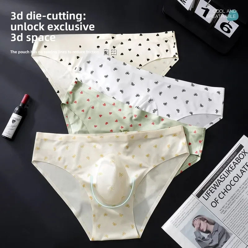 Male Seamless Ice Silk Briefs Cute Heart Bowknot Print 3D Molded Pouch Low Rise Soft Breathable Men Underpants