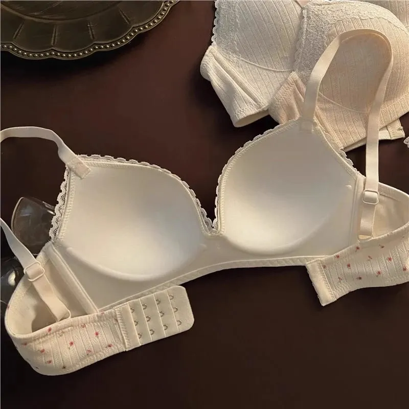 Sweet Girl Lace Edge Floral Bra Set Women Non-steel Ring Beauty Back No Steel Hoop Anti Sagging Underwear Cotton Comfortable Bra