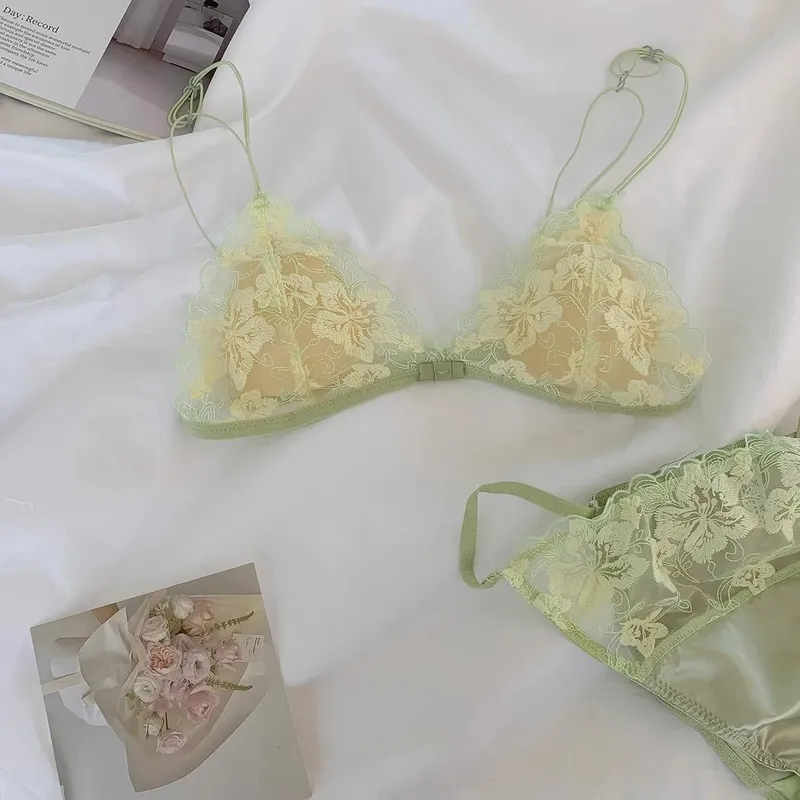 French Romantic Flower Embroidery Sexy Women's Bra Set Thin Straps Lace Seamless Underwear Set Mesh Hollow Out Lingerie