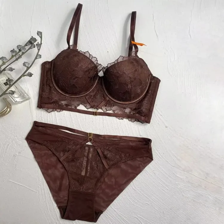 high quality sexy lace women bras and brief two piece set push up B C D cup wire summer lingerie underwear black white purple