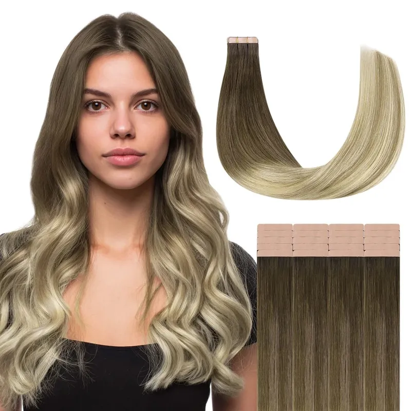 Sunmofavo Tape In Remy Human Hair Extensions Thick Silky Straight Natural Brown Invisible Tape 20Pcs Salon Grade For Women