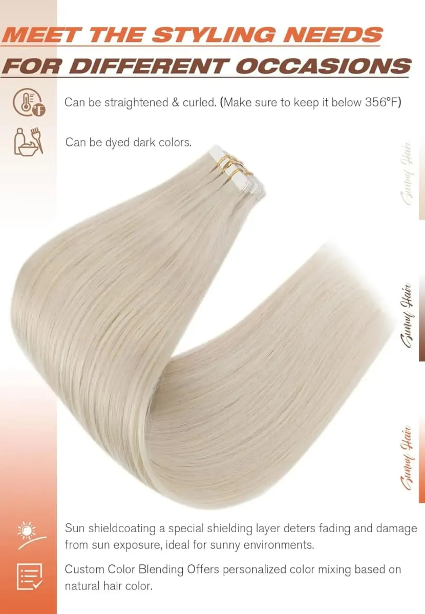 VeSunny Tape in Hair Extensions Real Human Hair Invisible Remy Hair Extensions Tape Ins for Women White Platinum Blonde 26 Inch