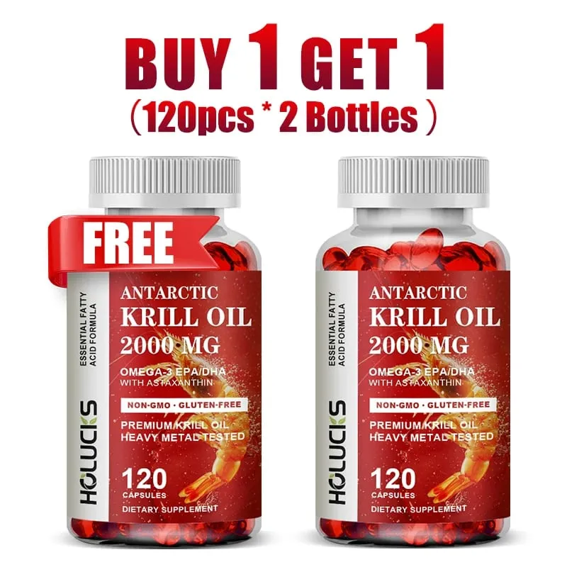 Buy 1 Get 1 Free! Pure Antarctic Krill Oil 2000mg Supplement with Astaxanthin for Heart & Brain Health Healthy Aging Non-GMO