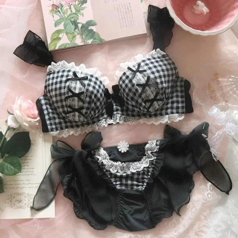 Sexy Black Plaid Lingerie Set with Push Up Bra & Steel Ring Soft Underwear for Women