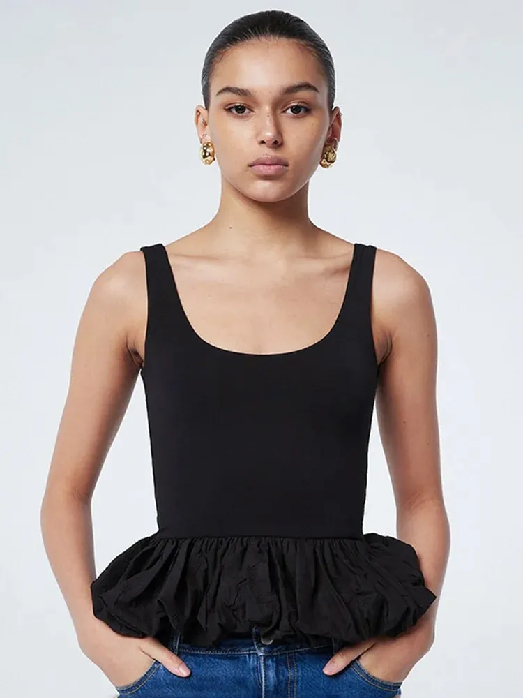 Square Neck Tank Tops For Women Sleeveless Backless Crop Top With Peplum Bubble Hem Summer Top Black White
