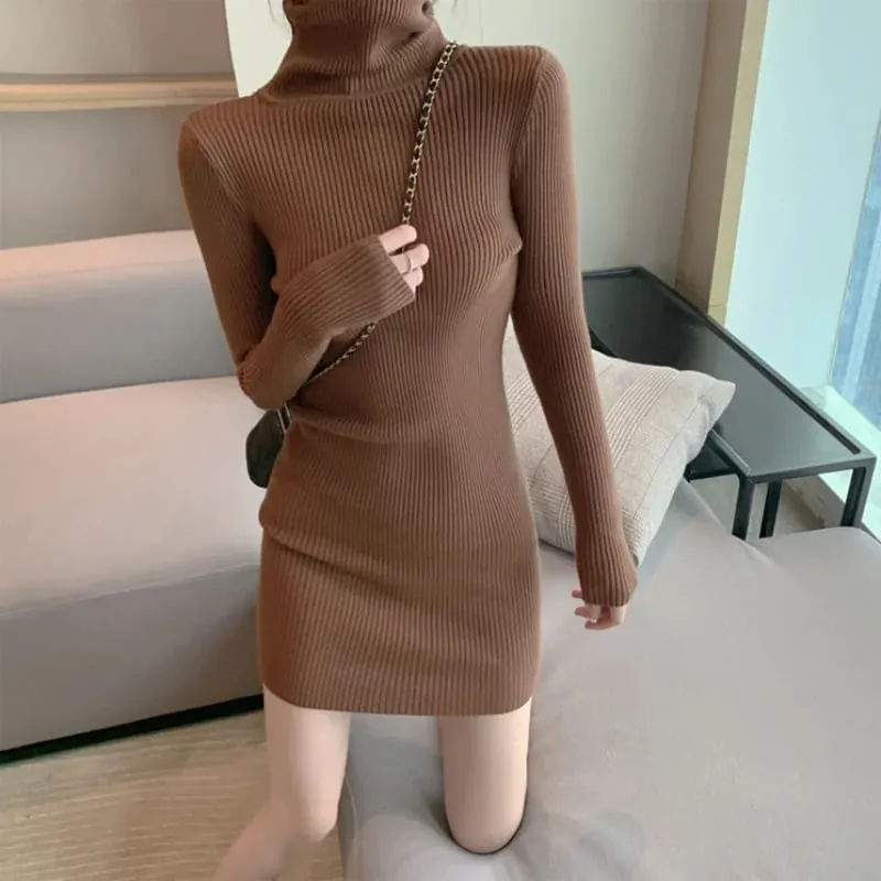 Women Autumn Winter Turtleneck Warm Bodycon Dress Long Sleeve Knit Solid Office Pullover Sexy Mini Dress for Ladies 2025