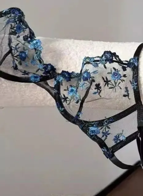 European Women Alluring Sheer Lace Embroidery Underwire Bra Big Bust Support Minimize Anti‑Sagging Soft Lingerie S‑XL Bra Set