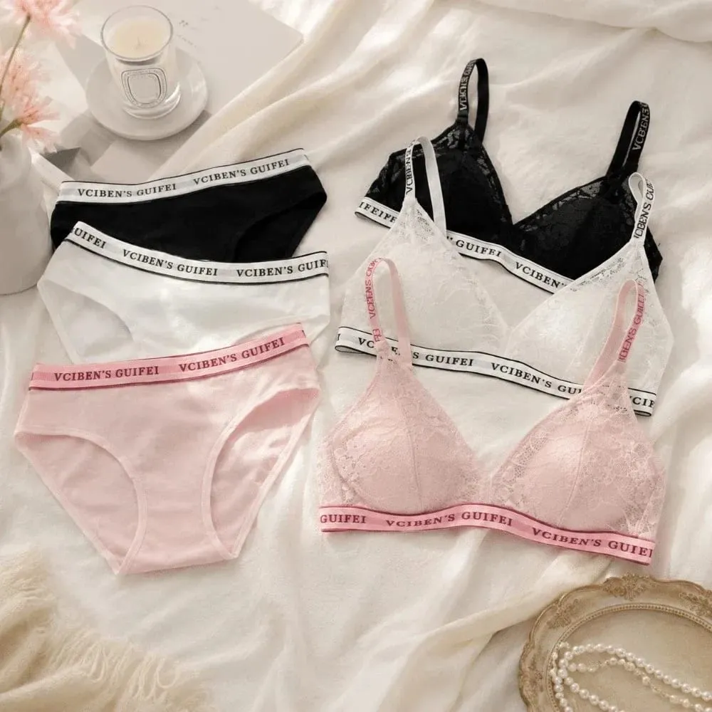 Bra Suit Letter Design Lingerie Set Lace Wireless Women Underwear Suit Deep V Color Blocking Bra Panties Set Girl