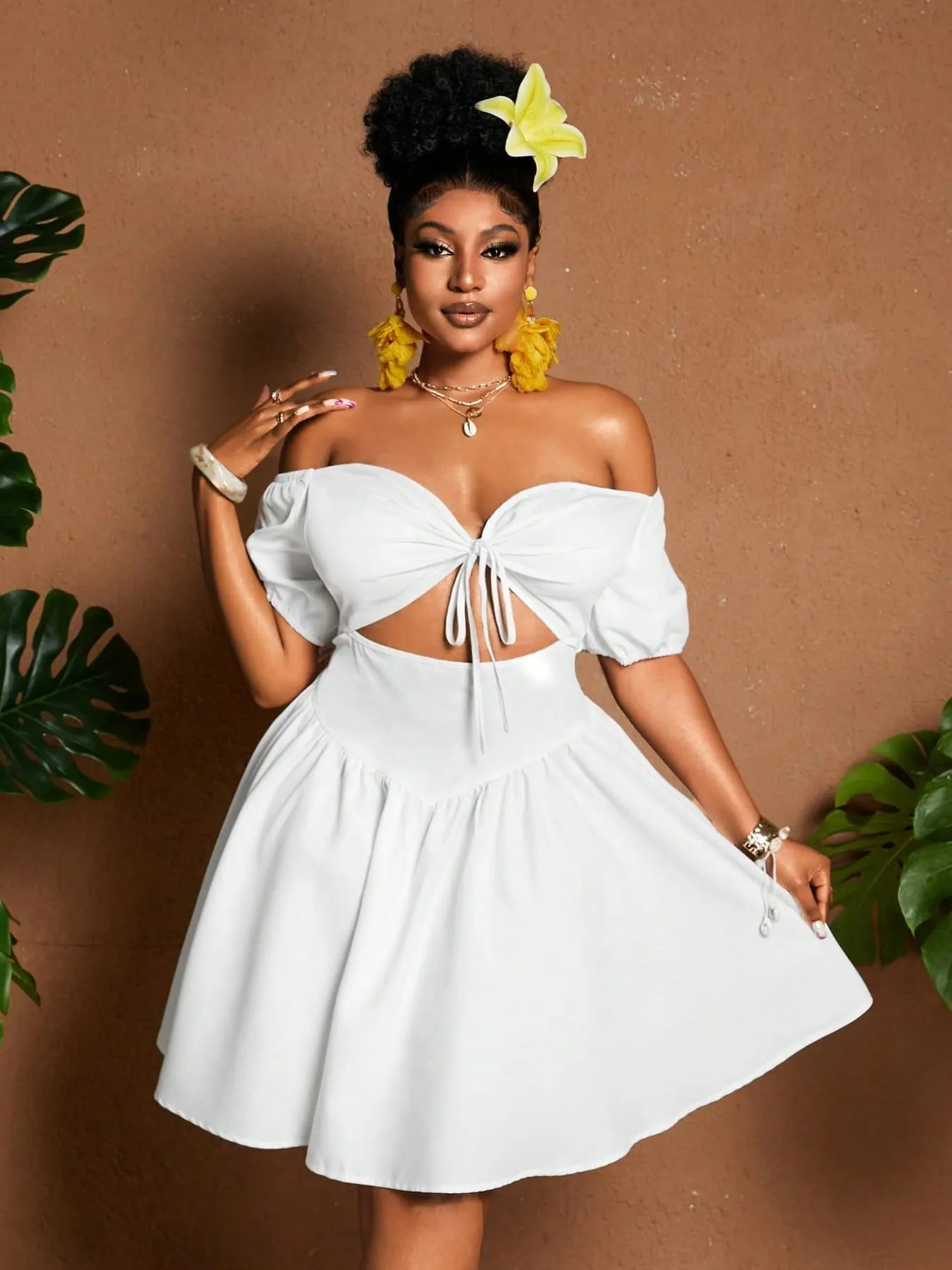 Plus Size Women One-Shoulder Waist-Tie Bubble Sleeve Dress Summer Vacation Style Casual Short Dress Plain Pattern