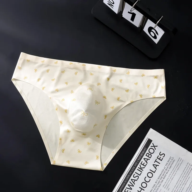 Male Seamless Ice Silk Briefs Cute Heart Bowknot Print 3D Molded Pouch Low Rise Soft Breathable Men Underpants