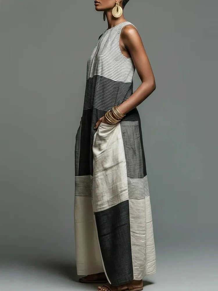 Summer Women Maxi Dress Stylish Color-Block Patchwork Loose Sleeveless Tank Long Dress Trendy Fashion Casual Pocket Dresses