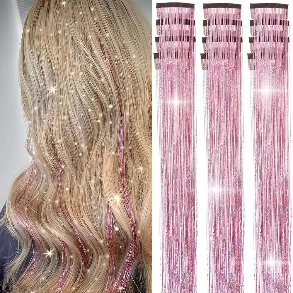 Hair Tinsel 12pcs Shiny Hair Metal Ribbon Clip Wig Piece Glitter Ribbon In Hair Party Focus Delicate Eye-Catching Gift Synthetic