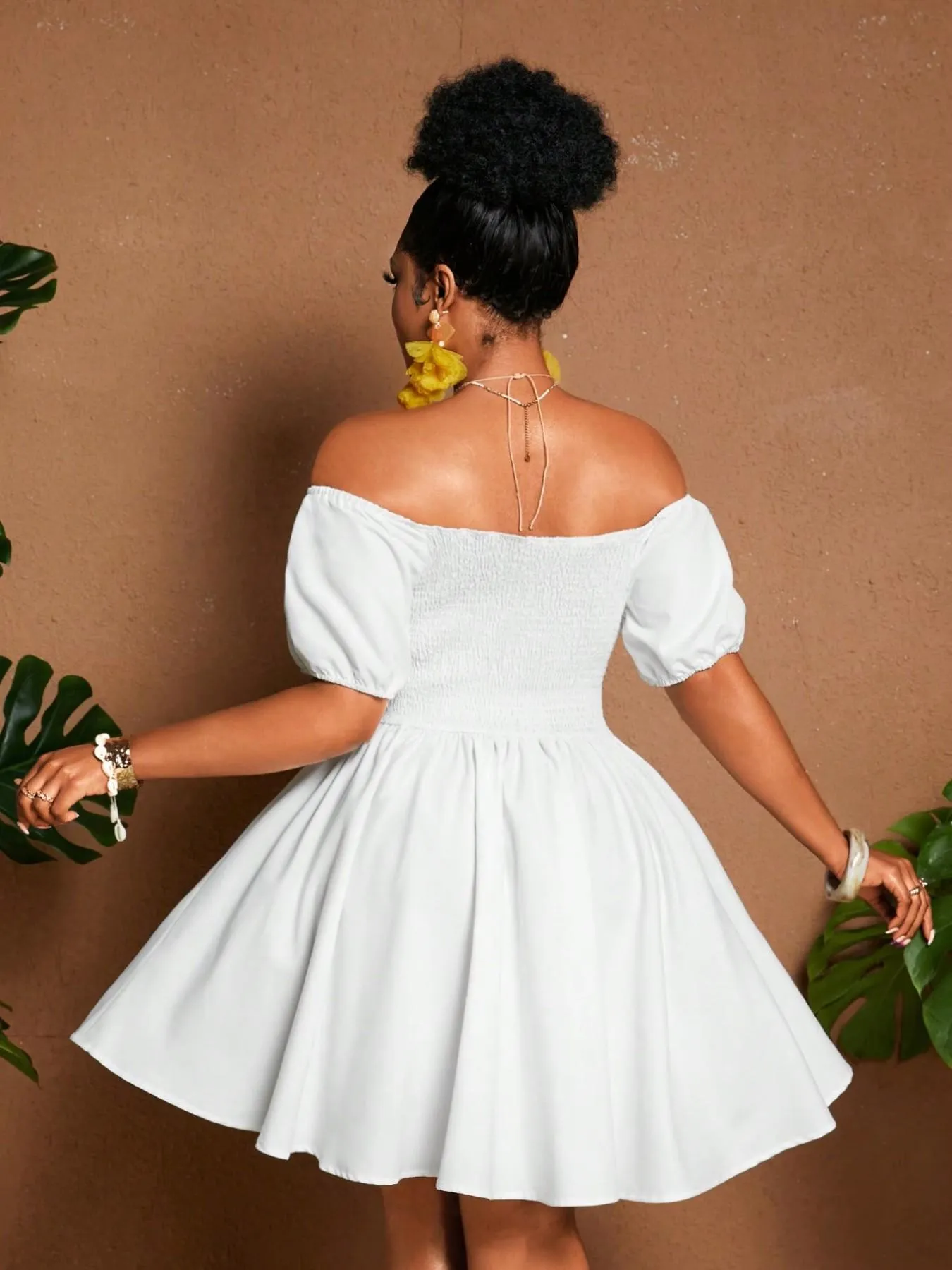 Plus Size Women One-Shoulder Waist-Tie Bubble Sleeve Dress Summer Vacation Style Casual Short Dress Plain Pattern