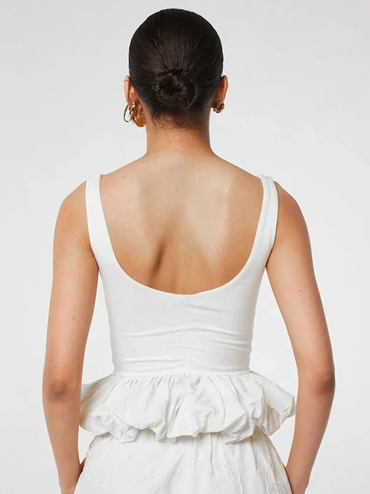 Square Neck Tank Tops For Women Sleeveless Backless Crop Top With Peplum Bubble Hem Summer Top Black White