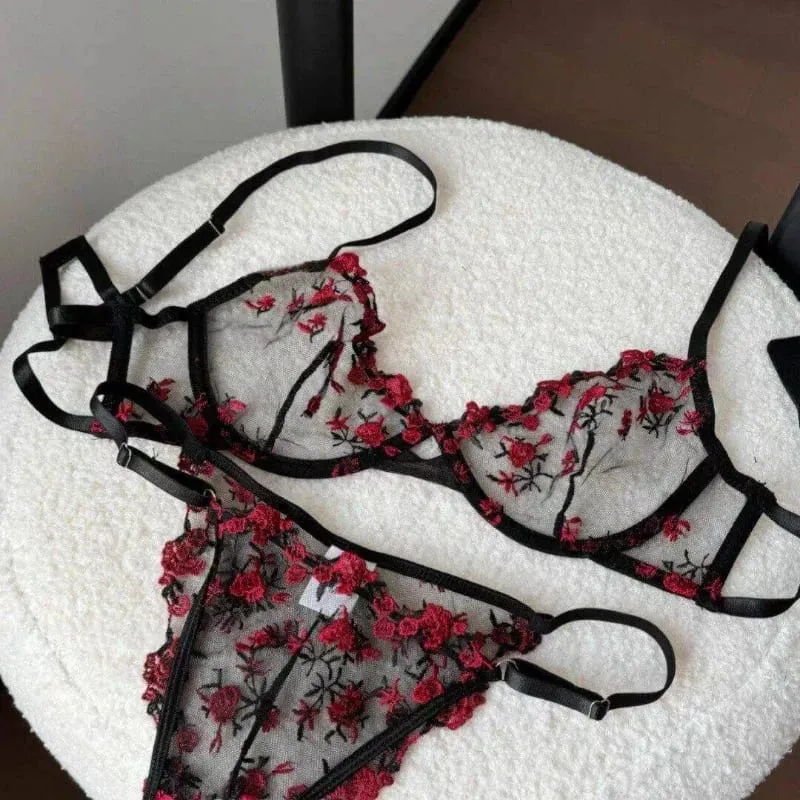 European Women Alluring Sheer Lace Embroidery Underwire Bra Big Bust Support Minimize Anti‑Sagging Soft Lingerie S‑XL Bra Set