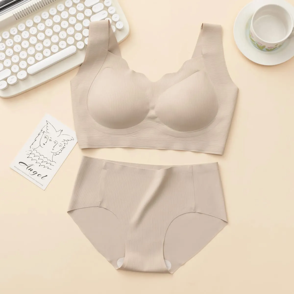 3 Sets Ribbed Wireless Wide Strap Bra & Matching Seamless Brief Lingerie Sets