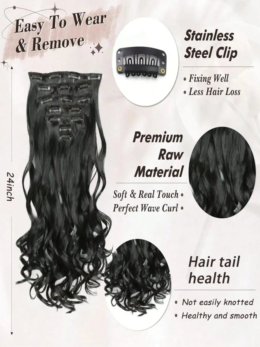 18~30 inch Long Wavy Clip-in Hair Extensions 7pcs/set Thick Hair pieces With Invisible Clips Soft Synthetic Fiber Black