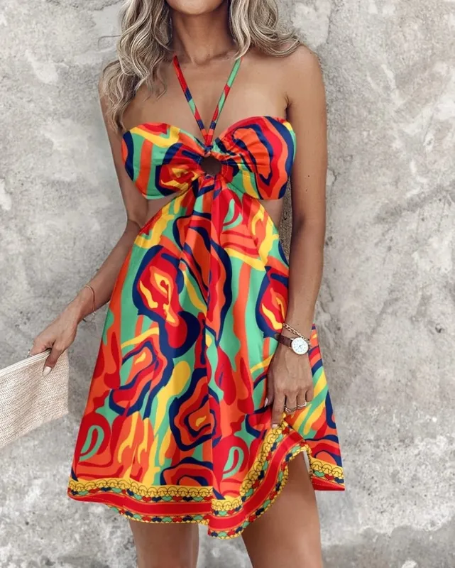 Floral Print Halter Neck Cutout Mini Dress Beach Vacation Cover Up