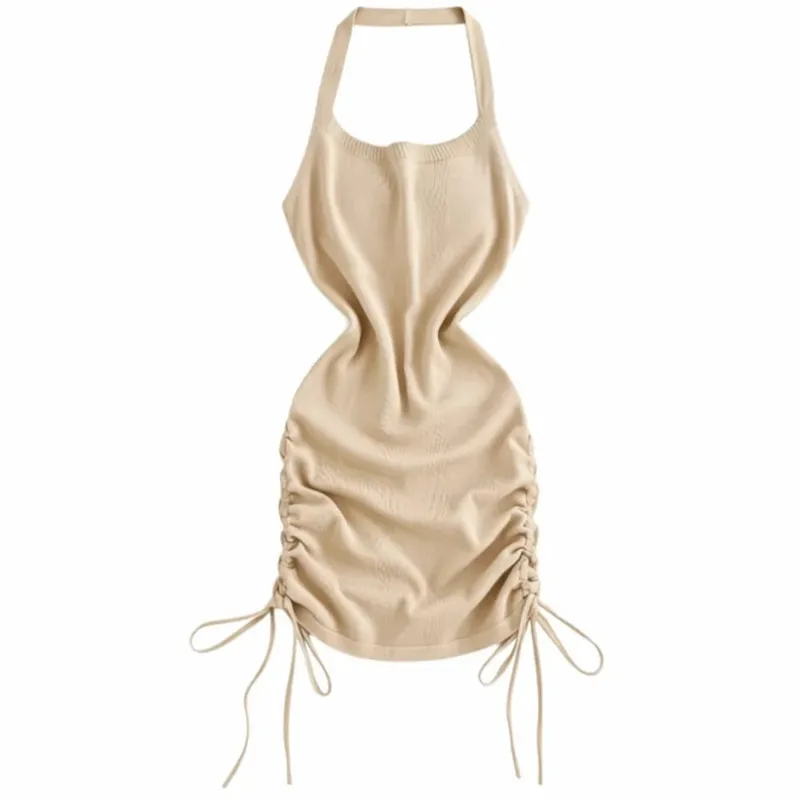 Solid Color Halter Neck Dress Sleeveless Design Drawstring Bodycon Dress Stretchy Knit Ruched Side Mini Dress Women Summer Wear