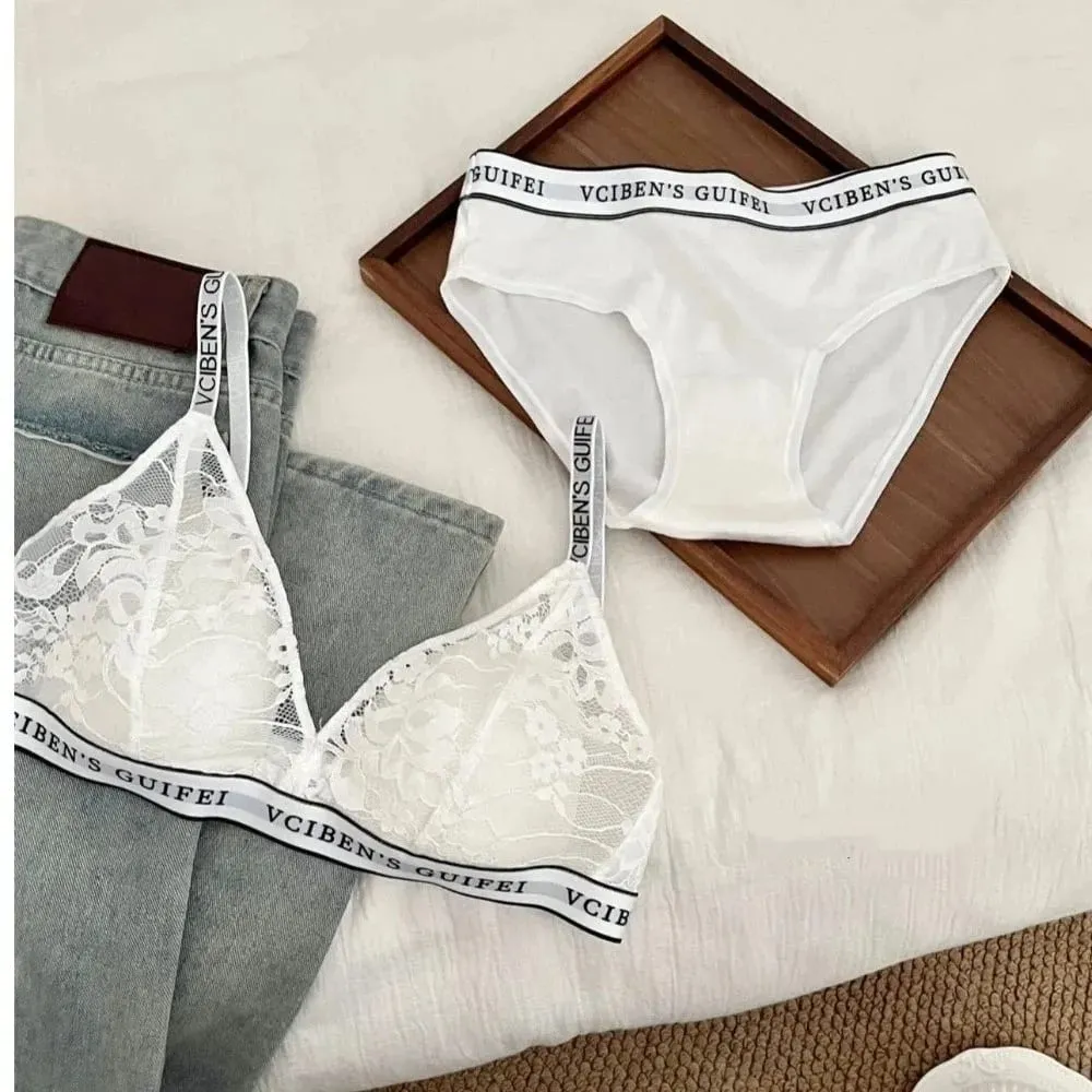 Comfortable Letter Design Lingerie Set Deep V Wireless Women Underwear Suit Color Blocking Lace Bra Panties Set Women