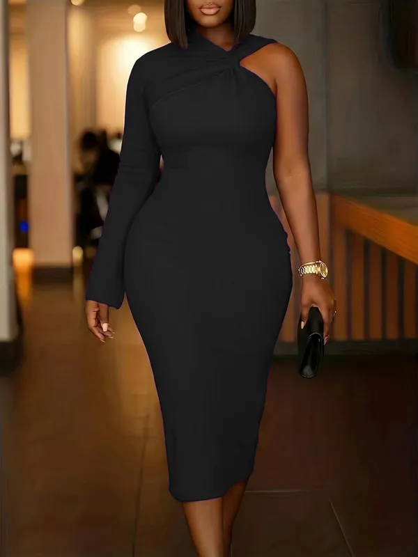 Elegant Plus Size Purple One-Shoulder Dress with Asymmetric Sleeve Design for Any Occasion