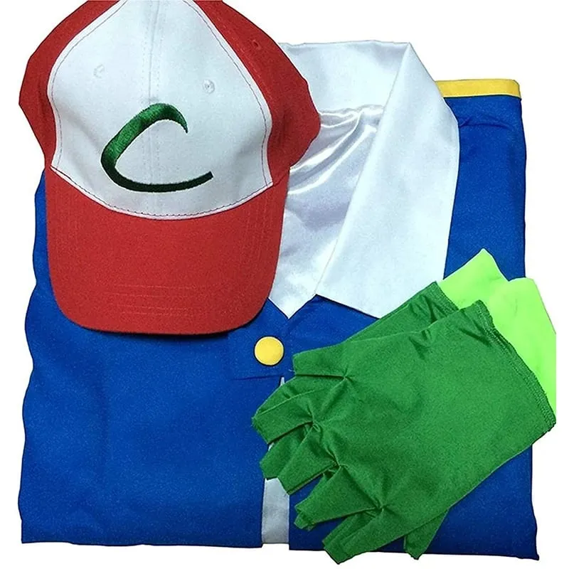 Pokemon Anime Ash Ketchum Costumes Adult Kids Halloween Trainer Cosplay Party Blue Jacket Cap and Gloves Sets Role Play Clothes