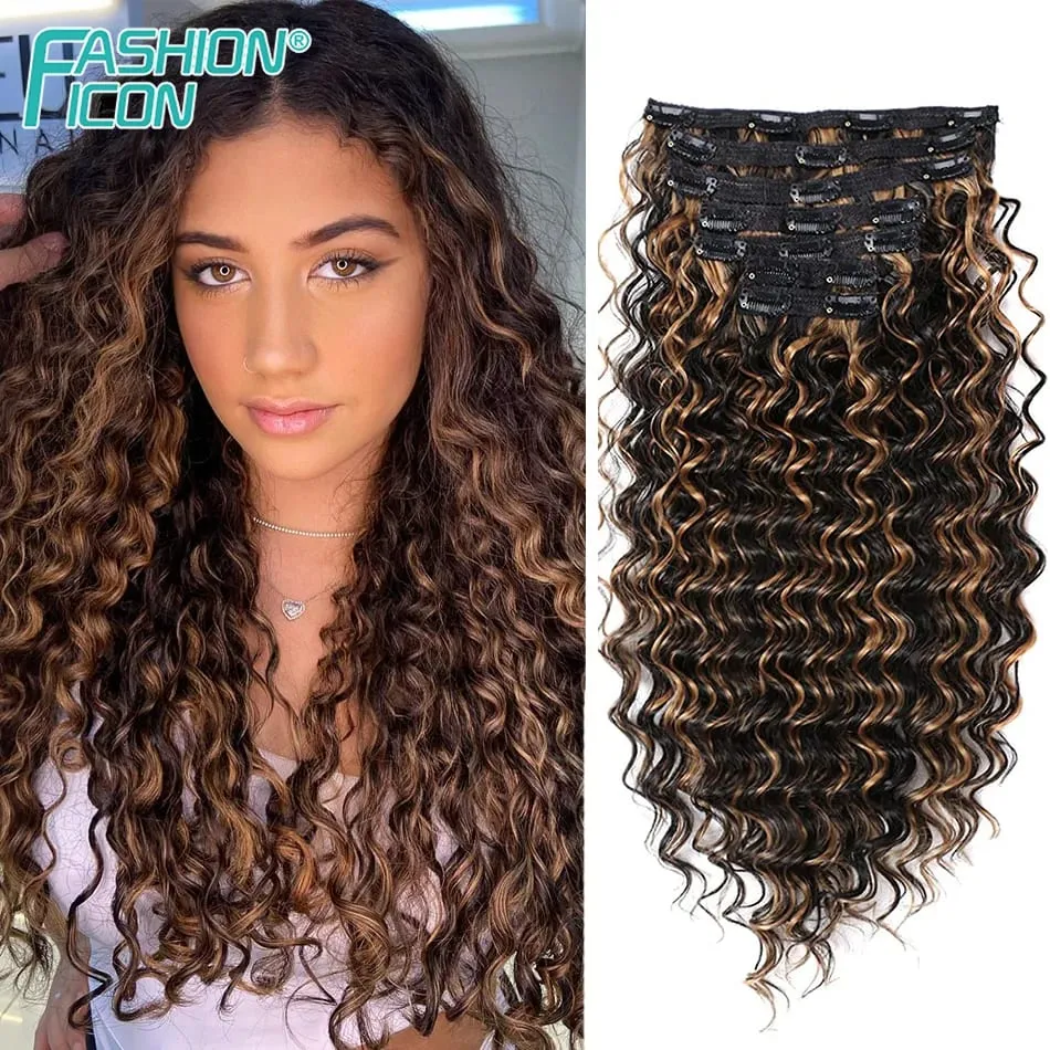 24 Inch Deep Wave Clip In Hair Extensions Synthetic Ombre 7Pc/140g Full Head Curly Hairpieces Heat Resistant Fake Hair for Women