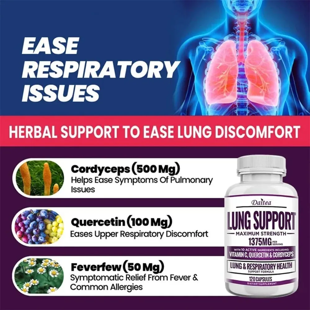 Lung Support Supplement for Lung Cleanse & Detox with Quercetin Bromelain Vitamin C & Cordyceps for Lung Respiratory Support