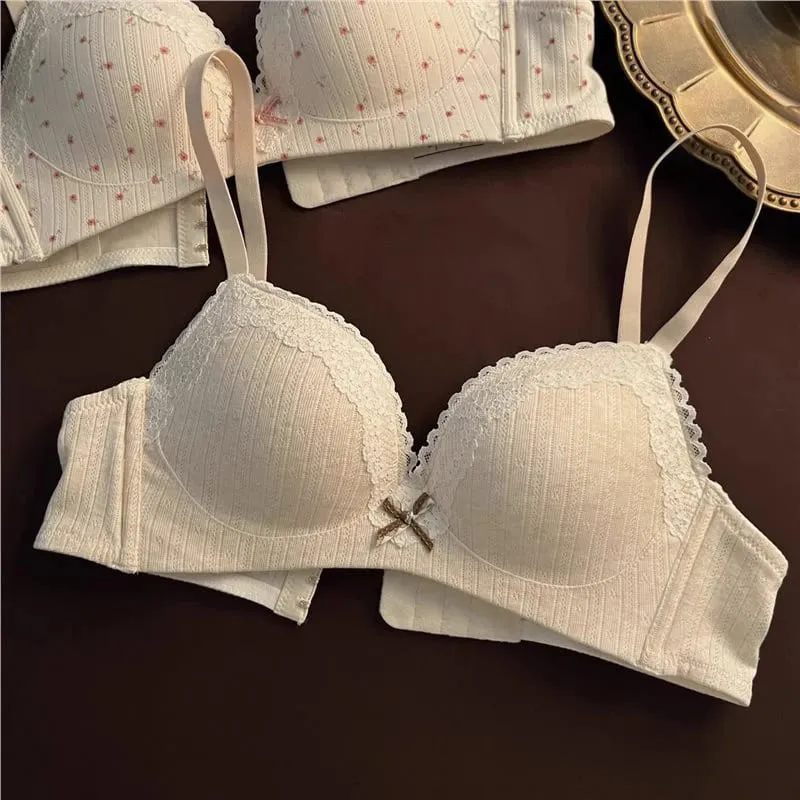 Sweet Girl Lace Edge Floral Bra Set Women Non-steel Ring Beauty Back No Steel Hoop Anti Sagging Underwear Cotton Comfortable Bra