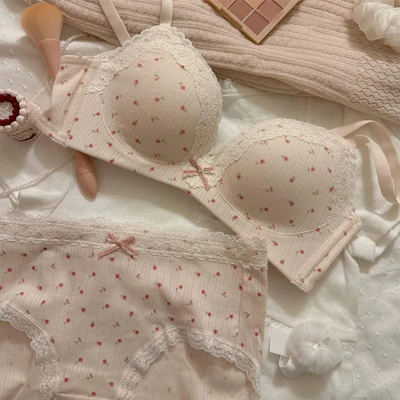 Sweet Girl Lace Edge Floral Bra Set Women Non-steel Ring Beauty Back No Steel Hoop Anti Sagging Underwear Cotton Comfortable Bra