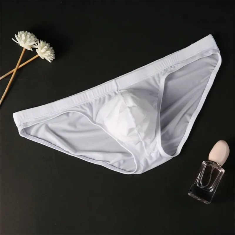 Plus Size M-4XL Man Ice Silk U Pouch Briefs Low Waist Translucent Nylon Underwear One-piece Sexy Ultra-thin Male Underpants