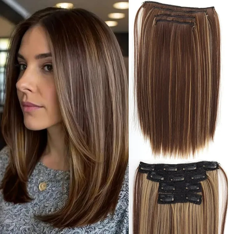 Synthetic 4PCS Clip in Hair Extensions 14inch Straight Hair Extensions with BB Clips Invisible Seamless Hairpiece for Women Use