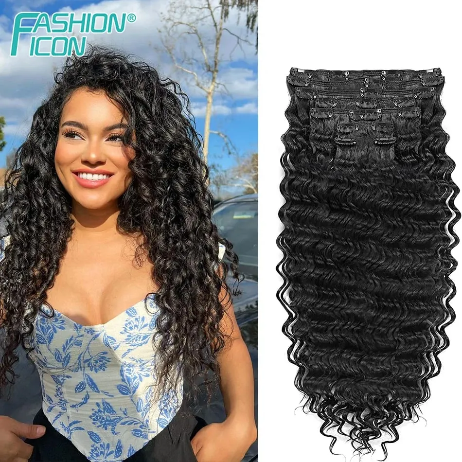 24 Inch Deep Wave Clip In Hair Extensions Synthetic Ombre 7Pc/140g Full Head Curly Hairpieces Heat Resistant Fake Hair for Women