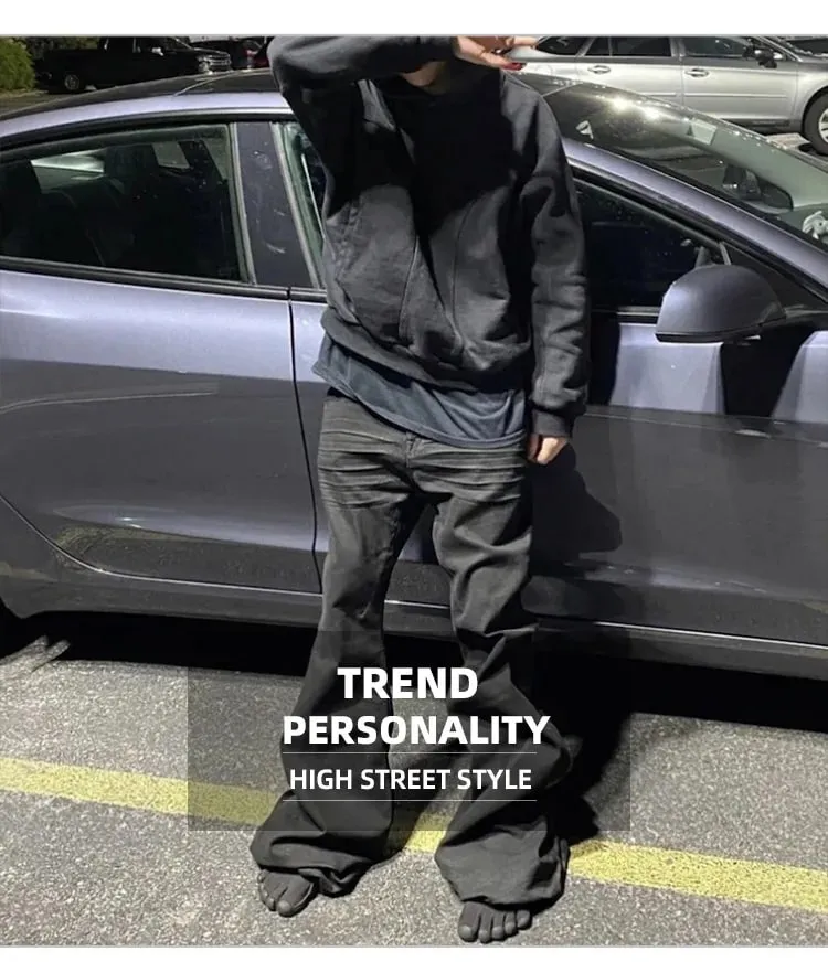 Ribbons Slightly Stretch Baggy Flared Jeans for Men High Street Black Color Boom Cut Oversized Casual Denim Trousers