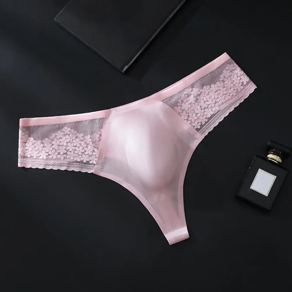 Breathable Men's Lace G-String Underwear Featuring Thin Seamless Ice Silk Fabric with 3D Bulge Pouch and Solid Color Design