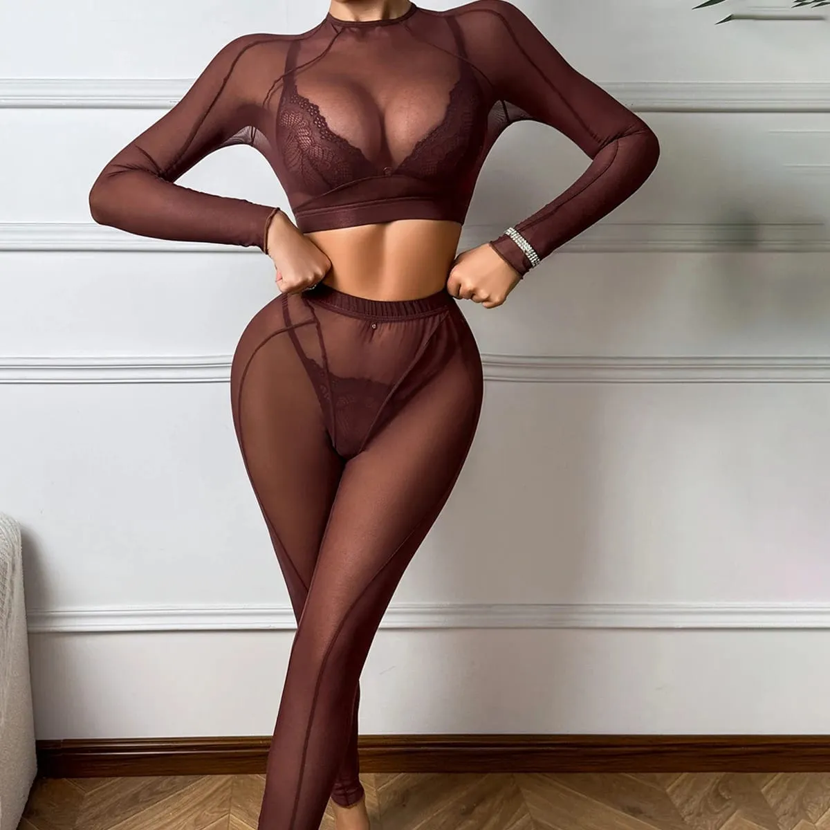 Comfortable backless long sleeved transparent mesh shaping sexy lace triangle cup lingerie split set