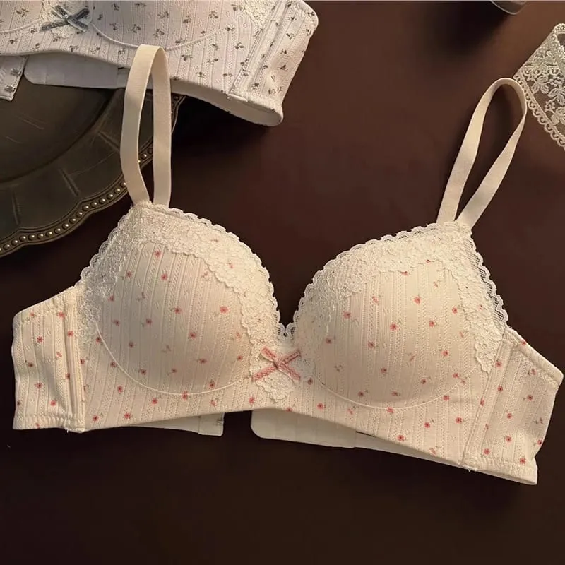 Sweet Girl Lace Edge Floral Bra Set Women Non-steel Ring Beauty Back No Steel Hoop Anti Sagging Underwear Cotton Comfortable Bra