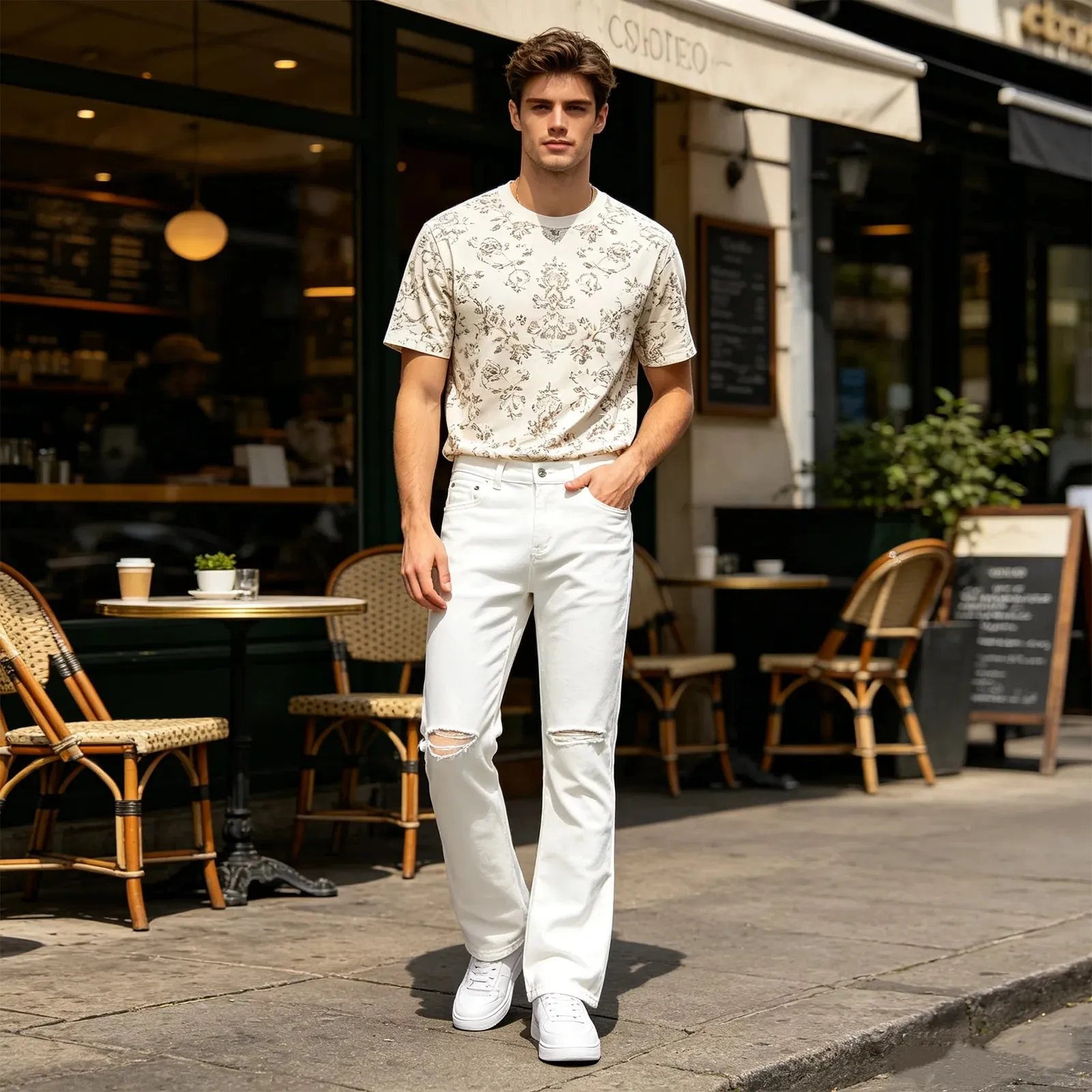 Urban Street Mens Slim Fit Flared Jeans White Black Distressed Jeans Overall Y2k Solid Color Washing Skinny Jeans Men Ripped