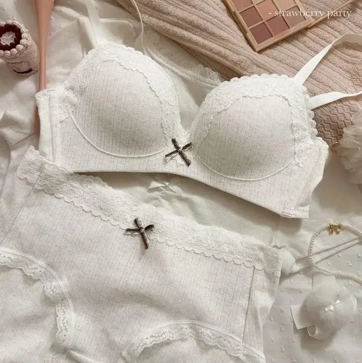 Sweet Girl Lace Edge Floral Bra Set Women Non-steel Ring Beauty Back No Steel Hoop Anti Sagging Underwear Cotton Comfortable Bra
