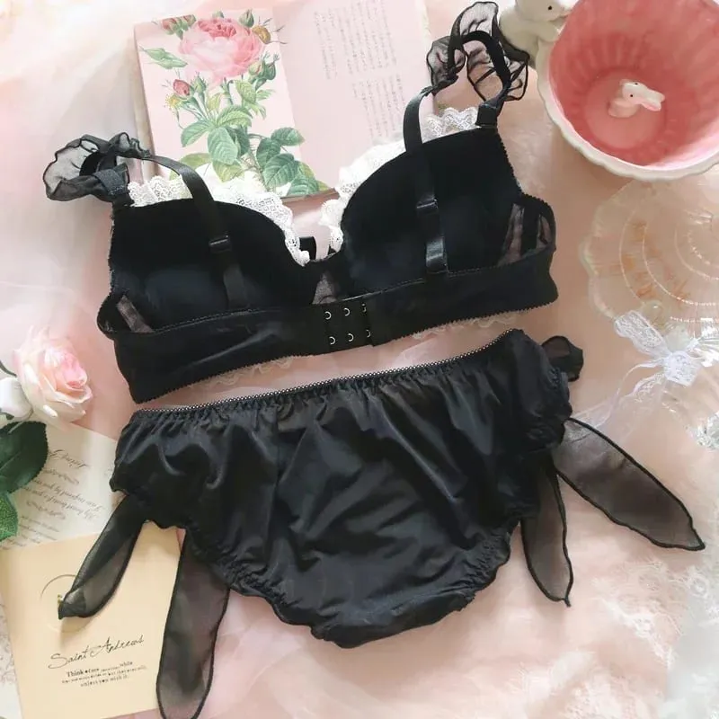 Sexy Black Plaid Lingerie Set with Push Up Bra & Steel Ring Soft Underwear for Women